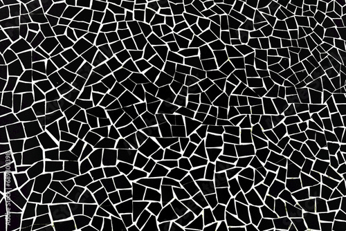 Geometric shape background. Black mosaic pieces background. Ceramic decoration texture. Puzzle look graphic design. Bright cracked texture. Ceramic tile wall. Uneven porcelain pieces. 