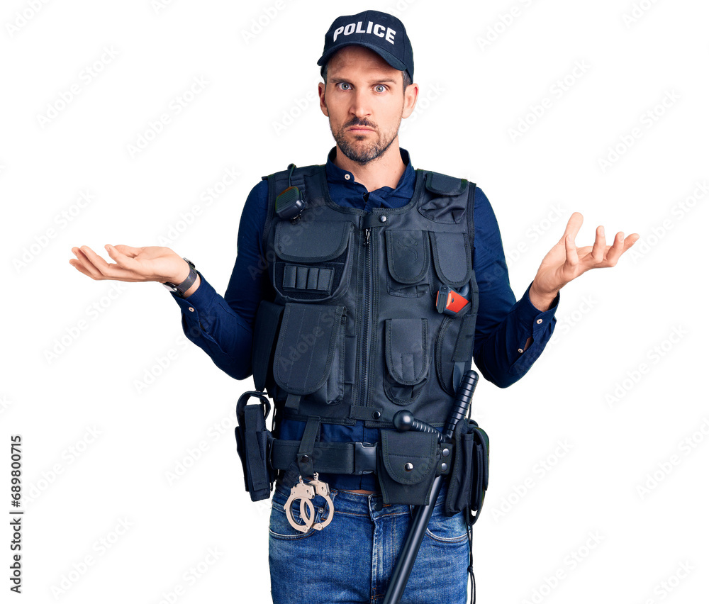 Young handsome man wearing police uniform clueless and confused with open arms, no idea concept.