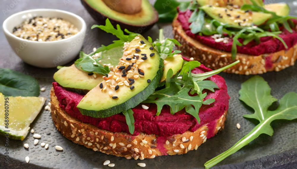 belegtes, brötchen, hummus, rote, Beete, tofu, Avocado, sesamkörner ...