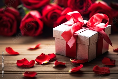 composition of red roses with gift boxes on table 