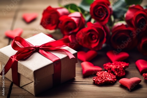 composition of red roses with gift boxes on table 