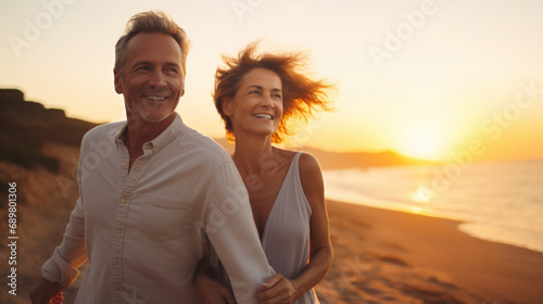 A man and woman walking on a beach at sunset.
