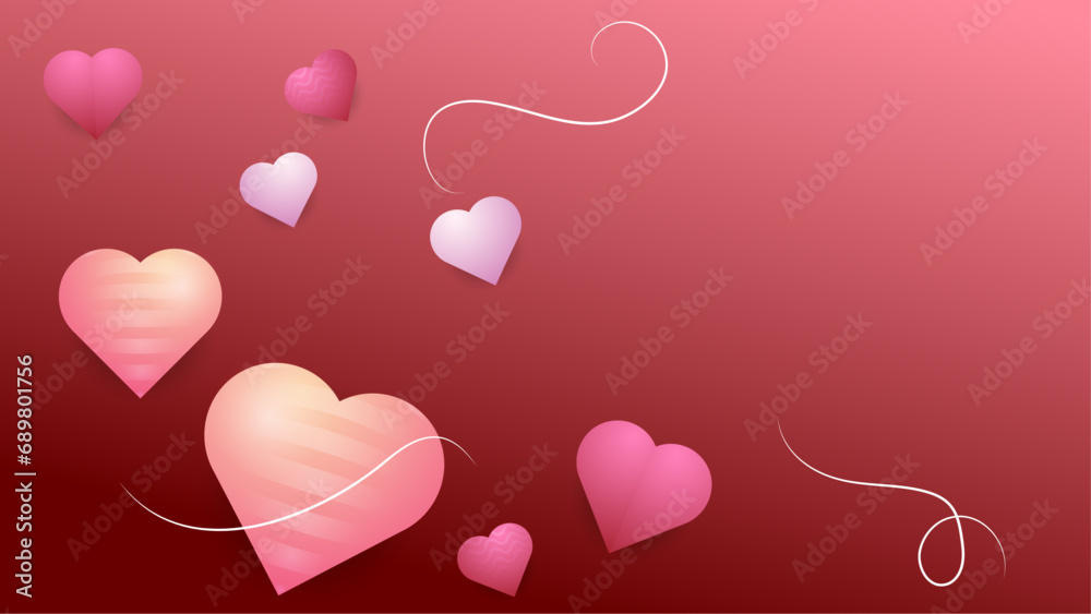 Pink red and peach vector happy love background with 3d hearts Happy Valentine's Day banner for poster, flyer, greeting card, header for website