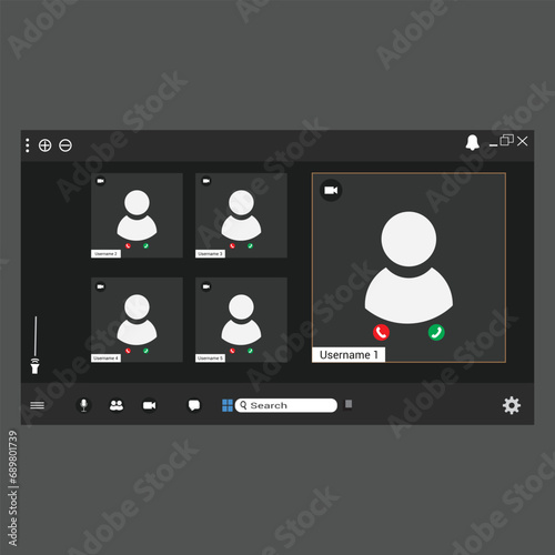 Videocall interface landing page screen set for  5 people.  video call screen icons and UI template, vector overlay. Virtual webinar, meeting, dialogue, conversation, event. 