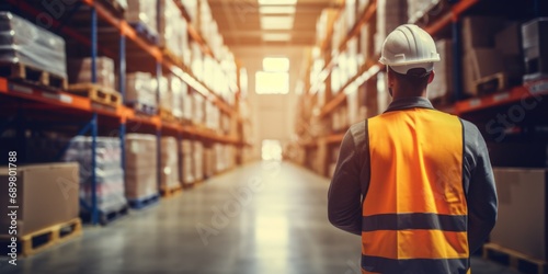 A man in a hard hat is standing in a warehouse.