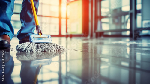 copy space, stockphoto, people Mopping an Office Floor, Mop Close-Up, Cleaner Cleans the Floors. Professional cleaning team cleaning floor in an office or business building. photo