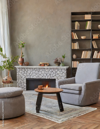 Barrel chair and round coffee table near gray corner fabric sofa against the wall with fireplace and bookshelves design. The interior design of the modern living room photo