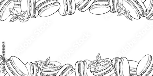 Macaroons wiht mint leaves in graphic style. Universal background for your culinary notes, recipes, cards, cookbook, textile. Vector border. Hand drawn in a simple minimalist style.