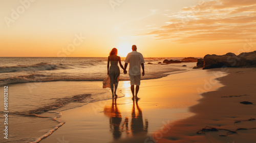 A man and a woman walking on a beach at sunset.