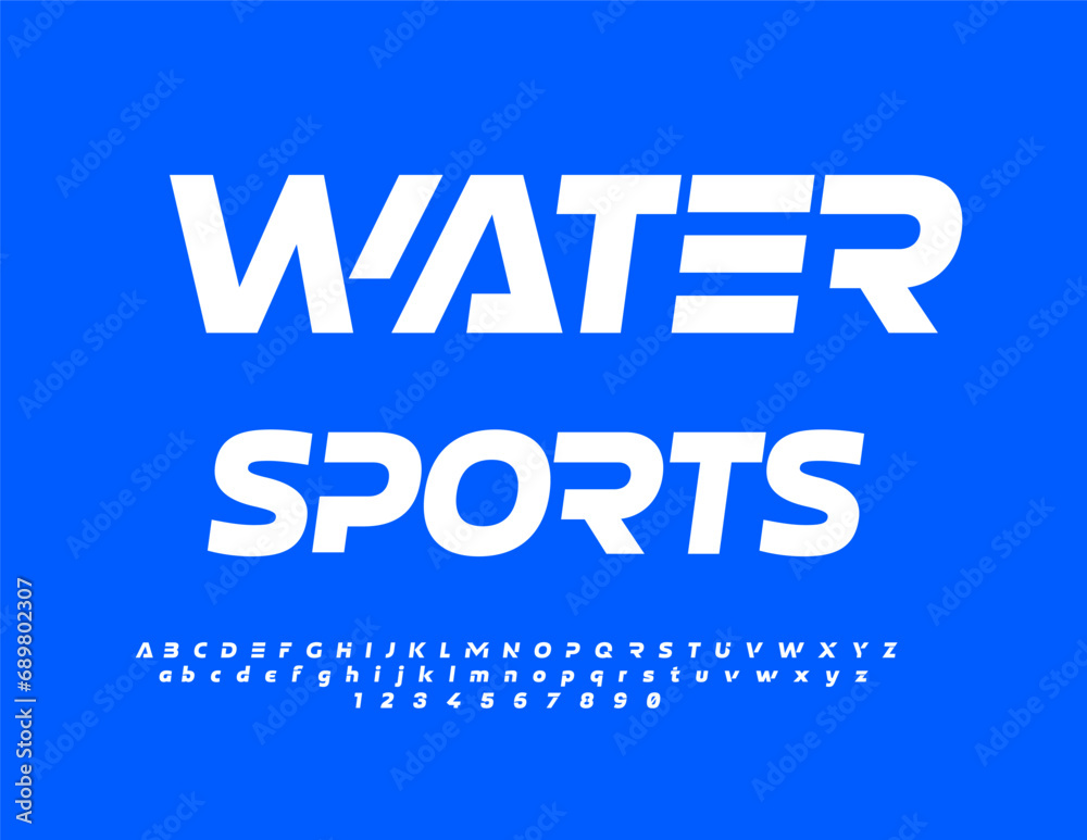 Vector bright sign Water Sports. Futuristic White Font. Trendy set of Alphabet Letters and Numbers