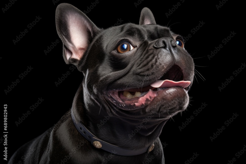 A close up of a dog with a collar on. Happy French bulldog. Happy French bulldog.