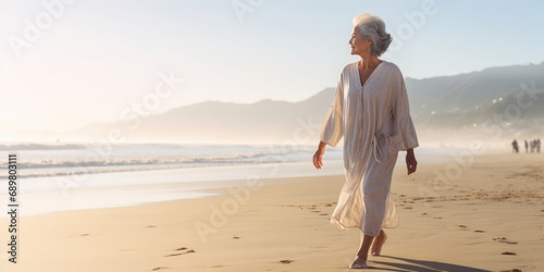 A senior woman walking on a beach next to the ocean.