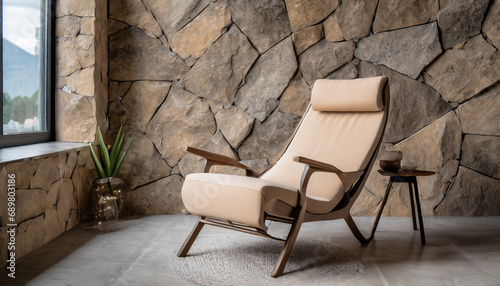 Beige fabric lounge recliner chair against stone cladding wall. Rustic minimalist home photo