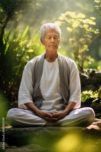 A man sitting in a meditation position in the woods.