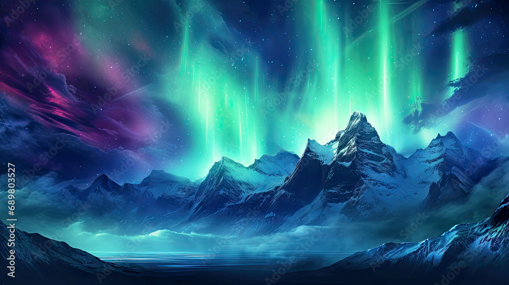Northern lights above a mountain wallpaper.  AI generated illustration.