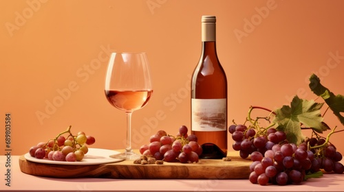 Grapes and bottle of wine on begie background. 
