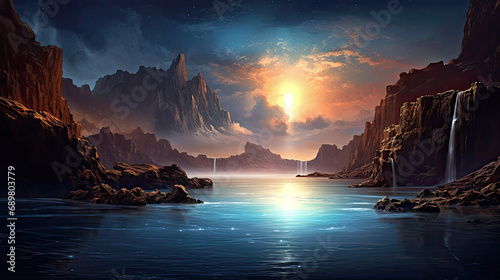 Enchanting landscape of a mountain lake and sunset sky. AI generated illustration.