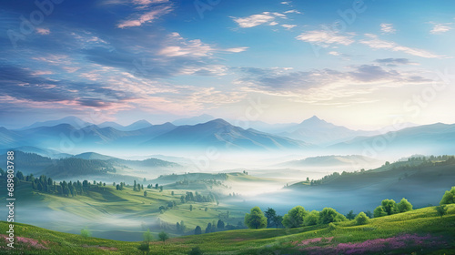 Beautiful spring hillside covered with fog and trees. AI generated illustration.