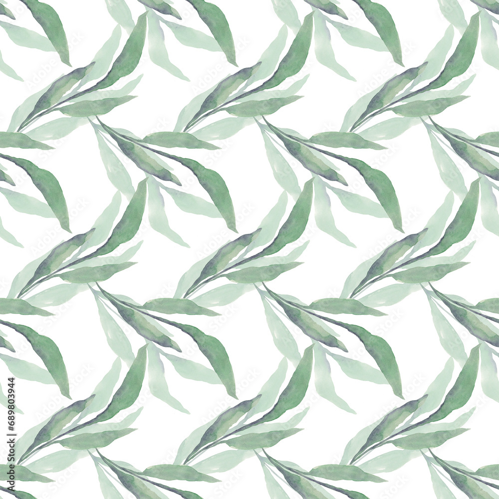 Green blades of grass. Seamless pattern of branches with leaves. Watercolor illustration