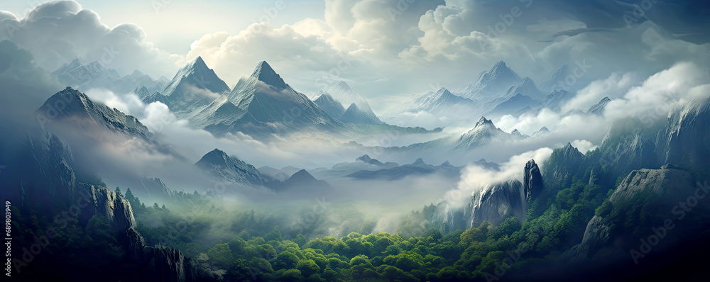 Mystical foggy cloudy mountain landscape. AI generated illustration. - obrazy, fototapety, plakaty 