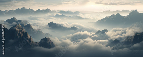 Mesmerizing foggy cloudy mountain landscape. AI generated illustration.