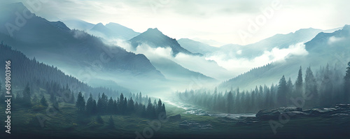 Fantasy mountainous country. Mesmerizing landscape with a foggy mountain river. AI generated illustration.