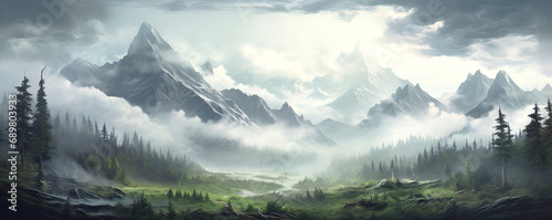 Fantasy mountain landscape with a foggy mountain river. AI generated illustration.