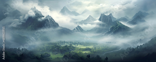 Mystical mountain landscape with a foggy mountain river. AI generated illustration.
