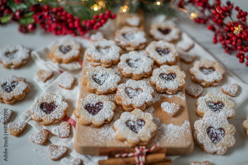 Linzer biscuits filled with red raspberry jam
