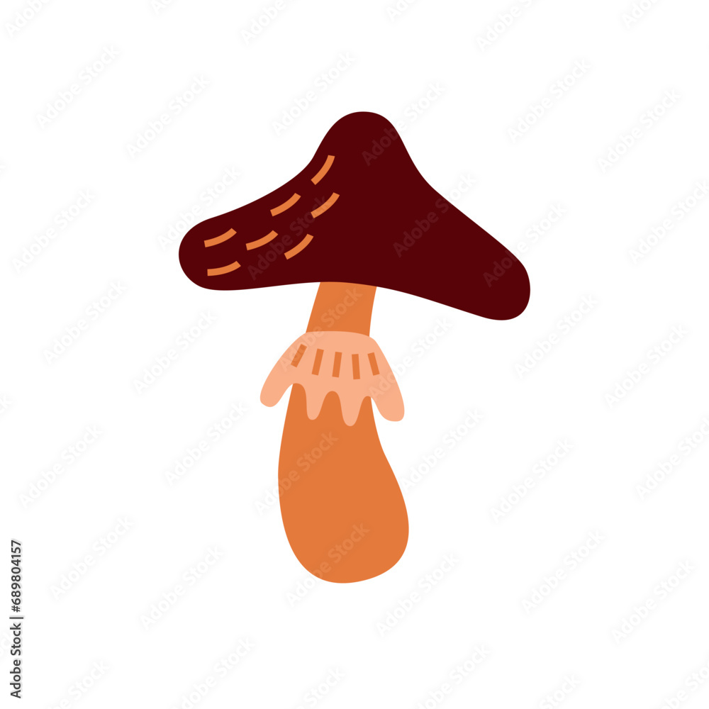 Mushroom with a skirt  and brawn hat. Inedible poisonous mushroom. Flat vector illustration isolated on white background