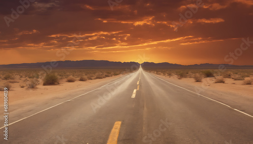 A long, straight road stretches into the vast desert landscape under an orange sky, the setting sun casting its warm glow across the solitary terrain