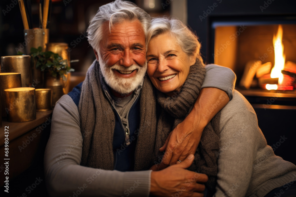 A man and a woman hugging in front of a fireplace.