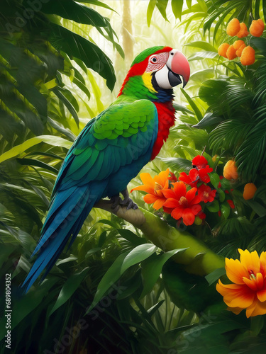 Beautiful Colorful View of wild Parrot sitting on the branch of green tree Generated by AI.