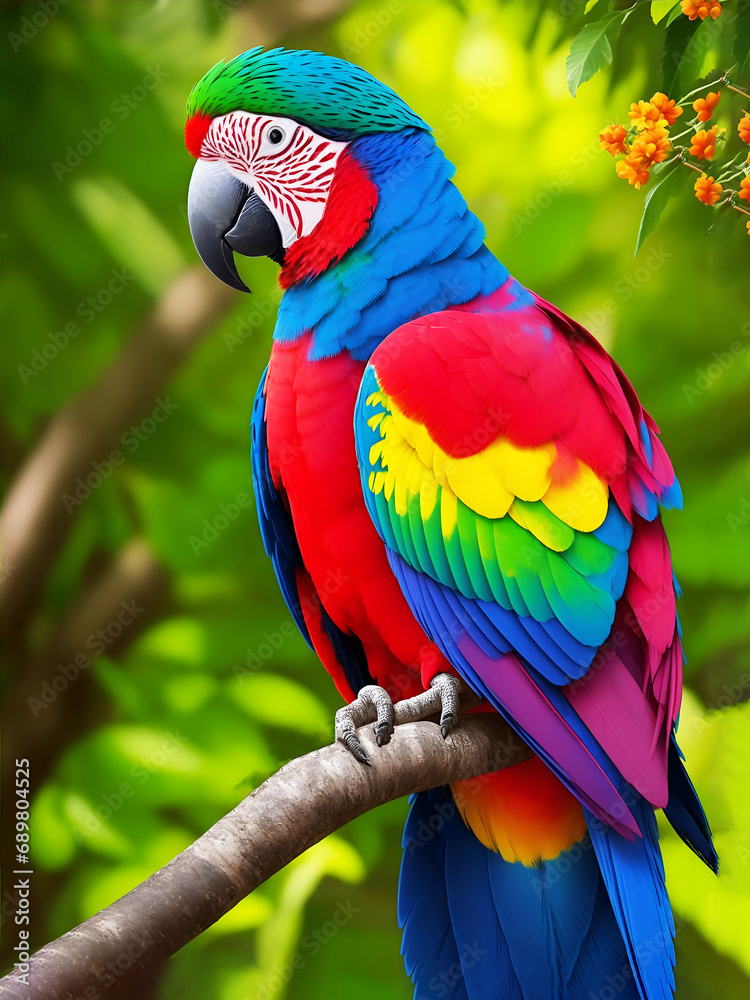 Obraz premium Beautiful Colorful View of wild Parrot sitting on the branch of green tree Generated by AI.