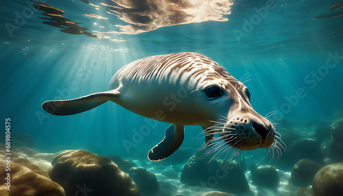 A seal swims gracefully near the surface of clear blue water, its form visible below the shining sun through the ocean's crystalline depths. © Simo