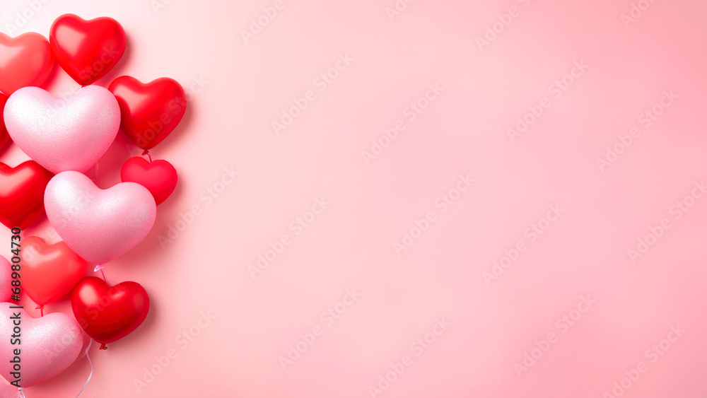 Horizontal banner with red and pink hearts balloons and pink background with copy space for text