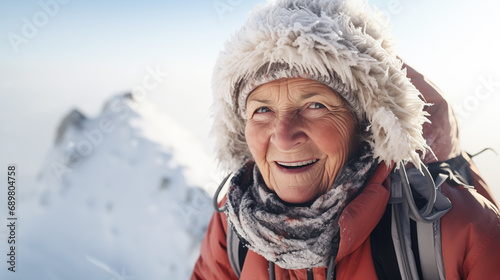 Senior gray-haired woman climber conquers a narrow ridge high in the snow-capped Alpine mountains
