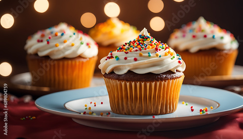 Cupcakes decorated with white frosting and colorful sprinkles, attractively presented on a plate with a napkin, suggest a sweet homemade dessert treat. 