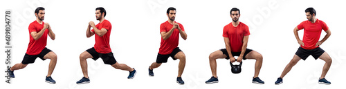 Healthy and active young man in sportswear with different professional fitness posture set of weight lifting squat training. Leg exercise on isolated background in gaiety full body length shot.