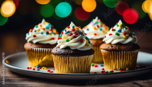 Cupcakes decorated with white frosting and colorful sprinkles, attractively presented on a plate with a napkin, suggest a sweet homemade dessert treat. 