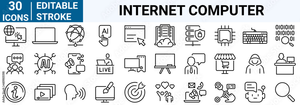 set of 30 line web icons Internet computer. Containing online, computer, network, website, server, web design, hardware, software and programming. Editable stroke.