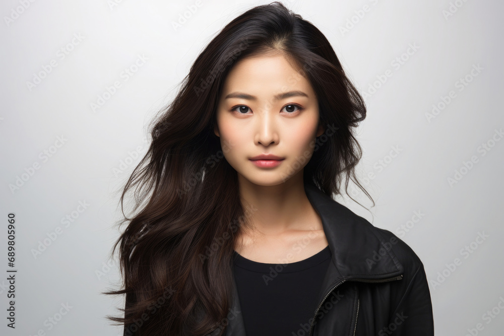 Positive asian woman portrait. Young female model with dark hair looking at camera Positive asian woman portrait. Young female model with dark hair looking at camera
