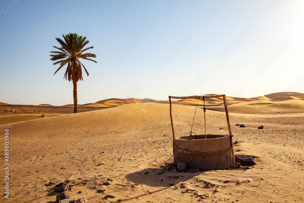 Naklejka premium Old water well in the desert with palm tree and dunes in the background
