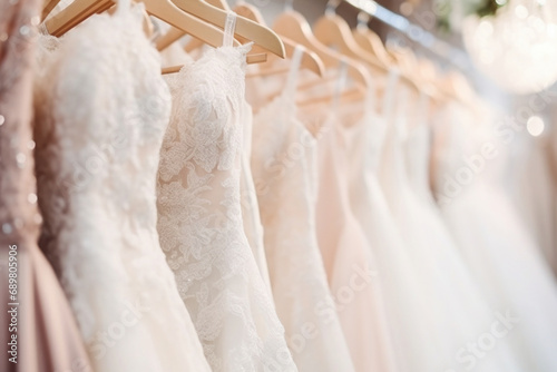 Elegant wedding dresses hanging on hangers in shop. Bridal dress in wedding boutique salon photo