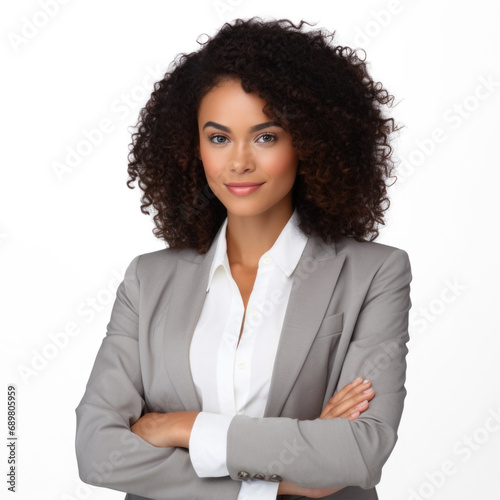 Portrait of confident black woman with crossed arms on her chest looking at camera. Smiling african american businesswoman isolated on transparent background.