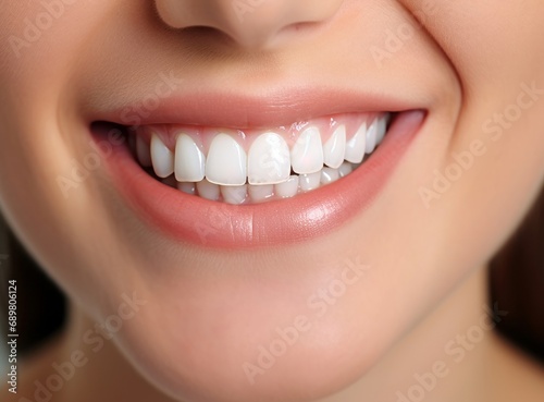 A close-up photo of a woman’s smile with perfect white teeth. The concept of dentistry and oral care.