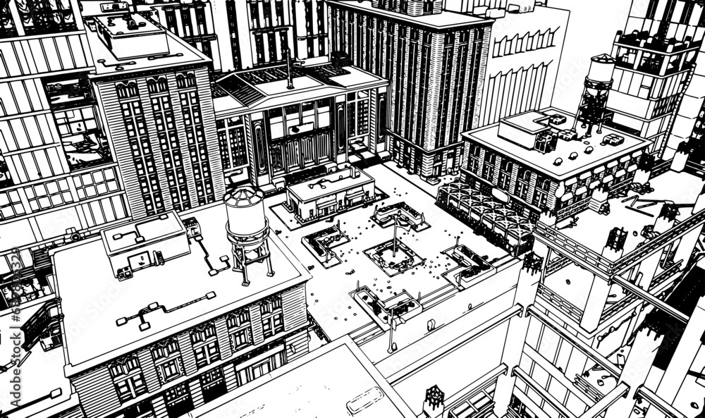 Roofs of buildings seen from above of a city in black and white, lineart, vector