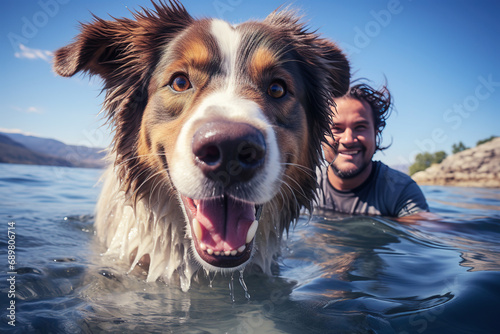 Adventurous man in a river with his two dogs. Generative AI
