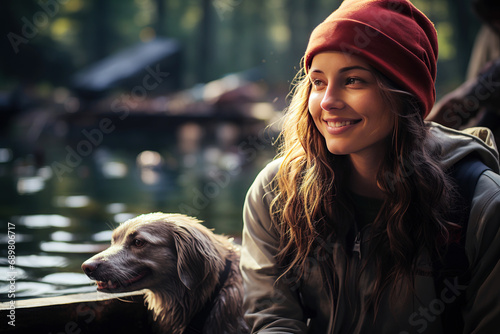 Fényképezés Radiant woman is in a boat with her dog on a picturesque river
