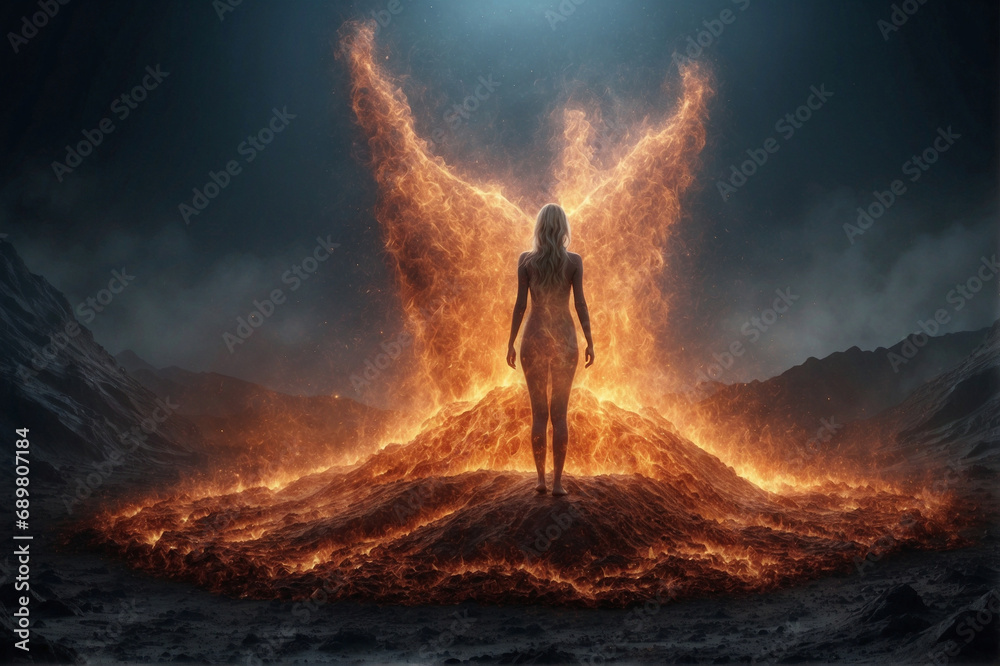 A beautiful female body against the background of fire, the interaction of man and fire